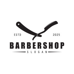 Barbershop logo vintage illustration vector. with pole, scissors and razor.