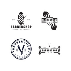 Barbershop logo vintage illustration vector. with pole, scissors and razor.