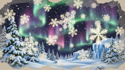 A cozy retro-style animated video with a vignette featuring falling snowflakes against the backdrop of the Northern Lights. - Powered by Adobe