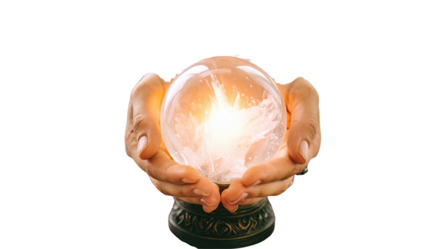 Hands holding a glowing crystal ball symbolizing fortune telling and psychic abilities.