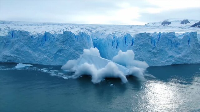 Massive glacier wall calves into the ocean, creating a splash as it transforms over time in a captivating timelapse nature, geology, arctic