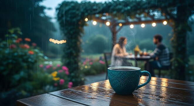Rainy Day Serenity A Cozy Retreat with Coffee and Soft Garden Ambience - Powered by Adobe