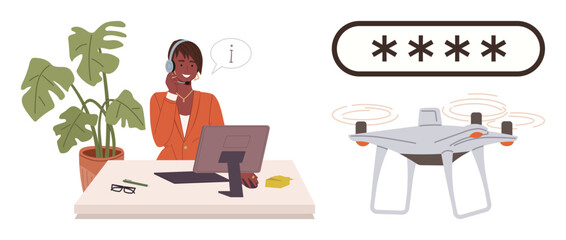 Smiling support agent at a desk helping a quadcopter user with password setup. Ideal for technology, customer service, cybersecurity, remote assistance, Quadcopter usage, innovation, simple flat