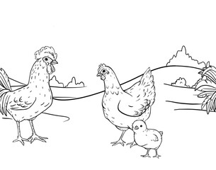 Ink line art seamless border of countryside farm with hens and rooster walking across an open rural field. Ideal for packaging, textile prints, children books, wrapping rustic branding projects.