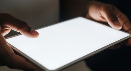 Hands holding bright tablet screen for digital content creation and online interaction illustration