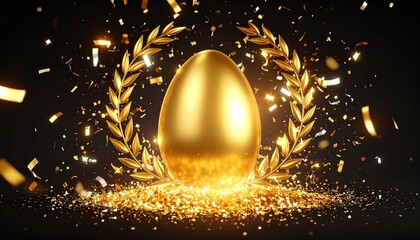 Golden Egg and Laurel Wreath Celebration Background 黒背景に金の卵と月桂冠の華やかな成功イメージ デジタルイラスト