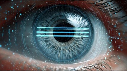 Close-up of a scanning eye with a digital interface overlay.