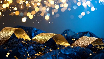 Elegant Blue and Gold Festive Background with Ribbon and Bokeh　紺色のレースと金色のリボン、幻想的な青のボケ背景の装飾