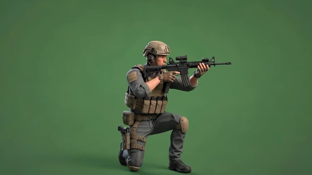 Tactical Soldier Kneeling with Rifle on Green Screen for Military and Gaming Content.