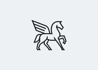 A line simple winged horse logo expressing grace, freedom, and divine speed, designed with sleek minimal line art and balanced composition
