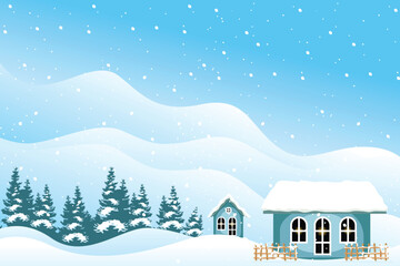 Vector illustration of a peaceful winter landscape with snow-covered houses, pine trees, and falling snowflakes under a clear blue sky. Perfect for Christmas cards and holiday designs.