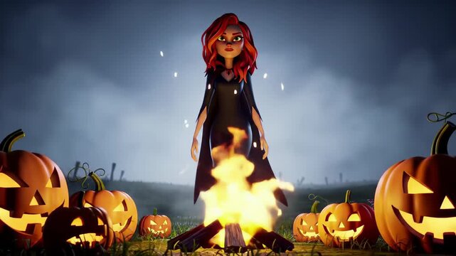 witch woman casting spell in front of bonfire surrounded by glowing jack o lanterns on misty Halloween night at field. Concept of animated magic ritual