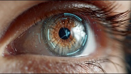 Close-up of a scanning eye with a digital interface overlay. - Powered by Adobe