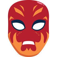 Red and orange tribal mask with fierce expression and white eye cutouts isolated on transparent background