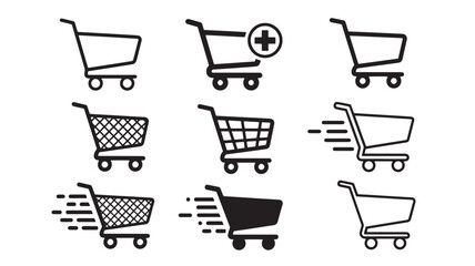 Collection of black shopping carts in various styles on transparent background silhouette