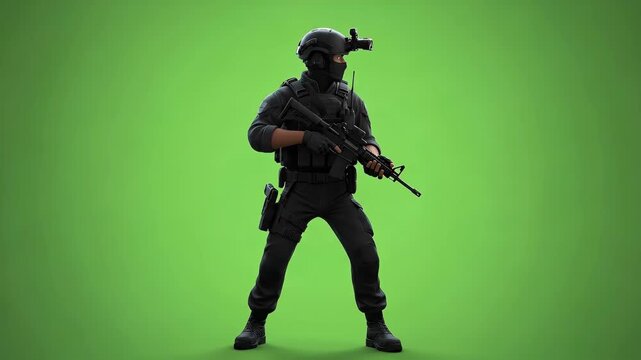 Futuristic Soldier on Green Screen: Tactical Gear and Weaponry.