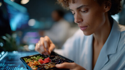 Fototapeta premium A determined woman carefully selects ingredients from a colorful meal in a high-tech kitchen, symbolizing health-consciousness and culinary creativity.
