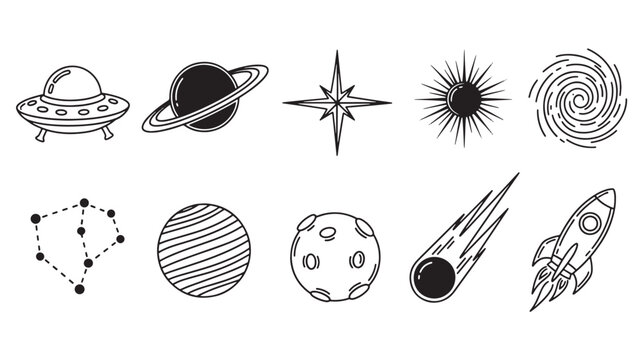 Space elements including planets ufo rocket and stars on transparent background silhouette
