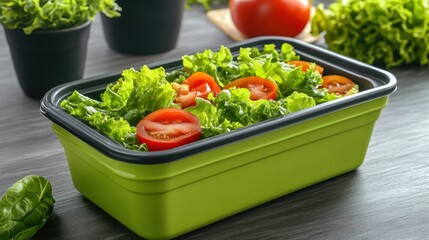 Healthy Salad in Reusable Container on Wooden Table