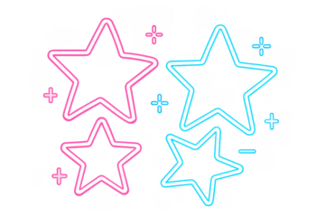 Neon glowing stars set with pink and blue lines, bright star shapes and sparkle elements, transparent background