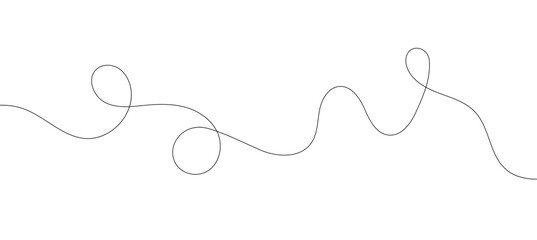 Single Continuous Thin Gray Wavy Line Drawing with Loops: Minimalist Freehand Doodle Sketch, Simple Scribble Border, Hand-Drawn Thread or Wire Element on White