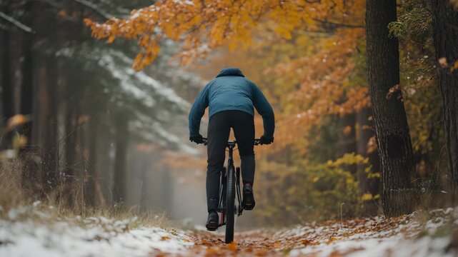 Active man mountain biking through snow dusted autumn forest trail adventure