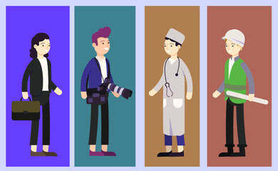 People of Different Professions Vector Illustration &ndash; Businessman, Photographer, Doctor, Engineer
