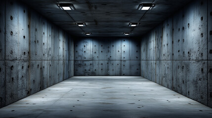 Empty concrete room with industrial lighting and textured walls, creating a moody, gritty, underground atmosphere.