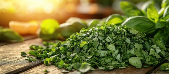 Fresh chopped herbs on wooden table.
