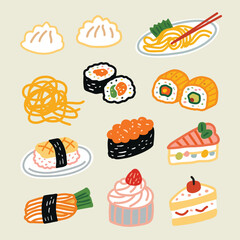 Cute Sushi and Dessert Vector Set in Cartoon Doodle Style 