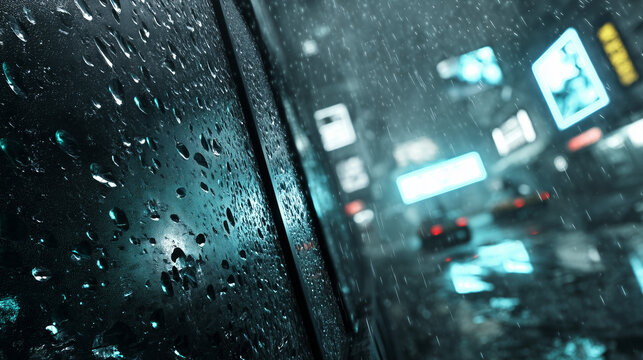 Close-up of raindrops on a window with neon lights and blurred city traffic in the background at night