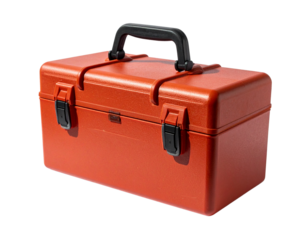  A sturdy red emergency medkit box with a handle, captured from a side perspective, realistic highlights and surface reflections, isolated on a transparent background