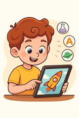 Vector illustration of a boy character using tablet for interactive learning