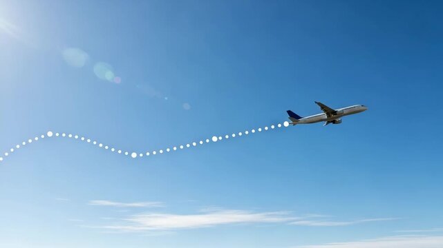 Airplane Flying Across a Bright Blue Sky with a Trail of Light.
