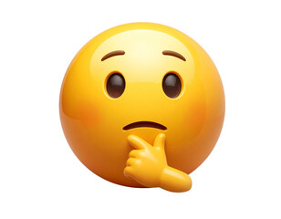 A thoughtful smart emoji holding its chin with one hand, raised eyebrow and focused eyes, realistic shading and soft lighting, isolated on a transparent background