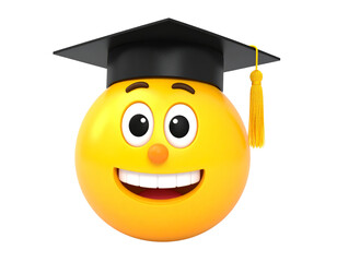 A cheerful smart emoji face wearing a graduation cap symbolizing intelligence and success, bright yellow color with smooth shading, isolated on a transparent background