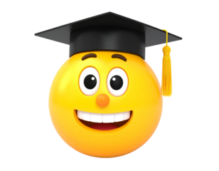 A cheerful smart emoji face wearing a graduation cap symbolizing intelligence and success, bright yellow color with smooth shading, isolated on a transparent background