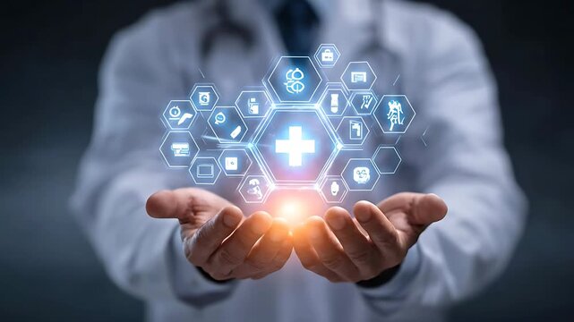Doctor holding digital healthcare network interface with glowing icons - Powered by Adobe