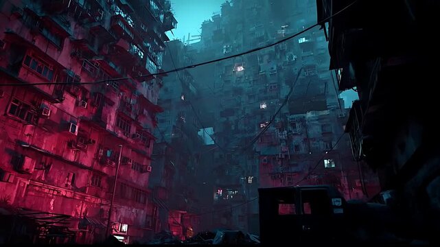 Dystopian megacity skyline with red and blue neon lights
