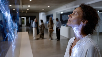 A woman stands in front of an illuminating display with light accents on her face, capturing the convergence of technology, emotion, and artistic expression in a modern gallery.