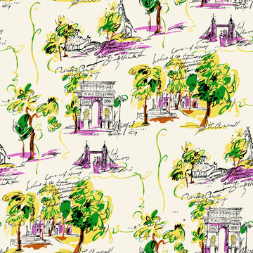 Paris Hand-Drawn City Pattern with Landmarks and Trees for Fashion Textile Design