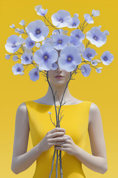 Surreal floral portrait &ndash; woman in yellow dress with blue flowers covering face on bright background. Minimal concept with copy space.