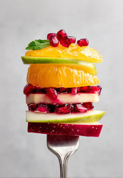 Freshly cut colorful layered fruit stack on a fork &ndash; vibrant healthy food minimal concept with fresh summer ingredients