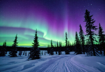 Northern lights viewing, snowy forest landscape with snow-covered road, aurora borealis, starry sky