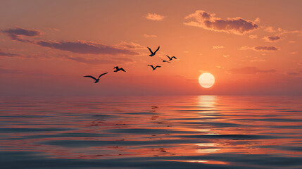 Golden Sunset Over Ocean with Flying Seagulls