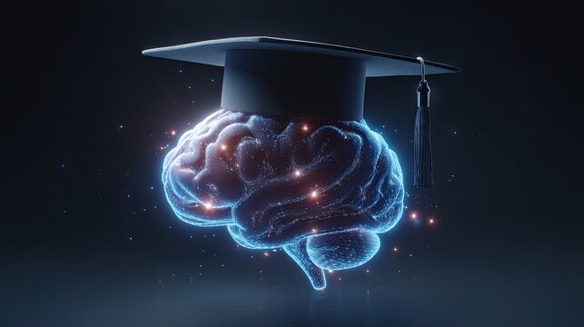 A glowing brain with a graduation cap symbolizes knowledge, intelligence, and academic achievement in a digital art style.