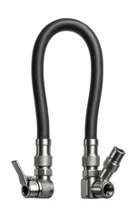 Rubber air hose with dual chuck for inflating tires in a bike repair shop.