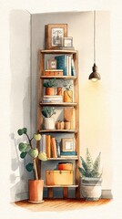 A cozy corner featuring a wooden bookshelf filled with books and plants, illuminated by a pendant light, creating a warm and inviting atmosphere.