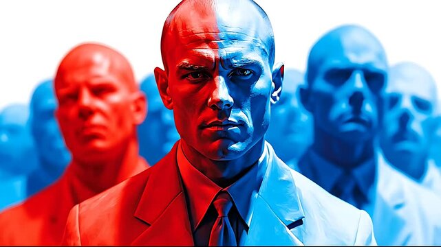 Intense gaze from split-colored man amidst blurred figures