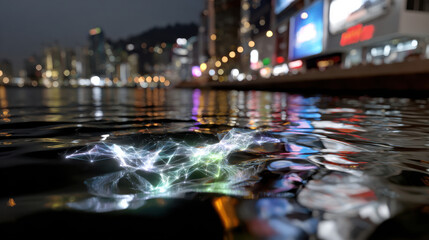 A vibrant scene depicting shimmering water reflecting digital connections and colorful lights from a skyline, symbolizing harmony between nature and technology.